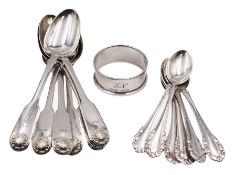 Set of six Victorian silver Fiddle Shell pattern teaspoons