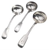 Three 19th century silver Fiddle pattern sauce ladles