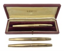 Three rolled gold Parker fountain pens