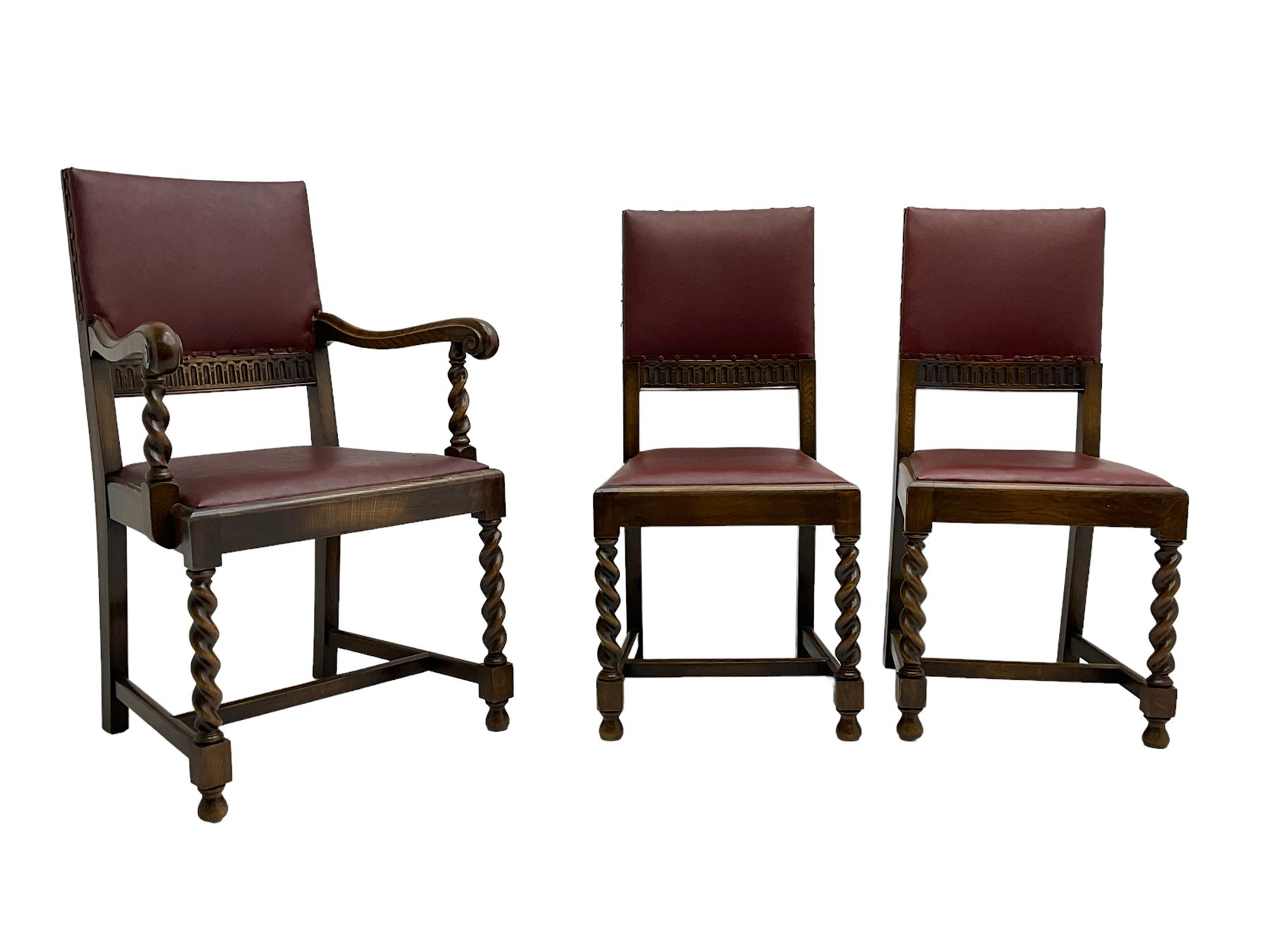 Mid-20th century set seven (6+1) oak barley twist dining chairs - Image 4 of 7