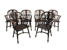 Late 20th century set six oak Windsor elbow chairs