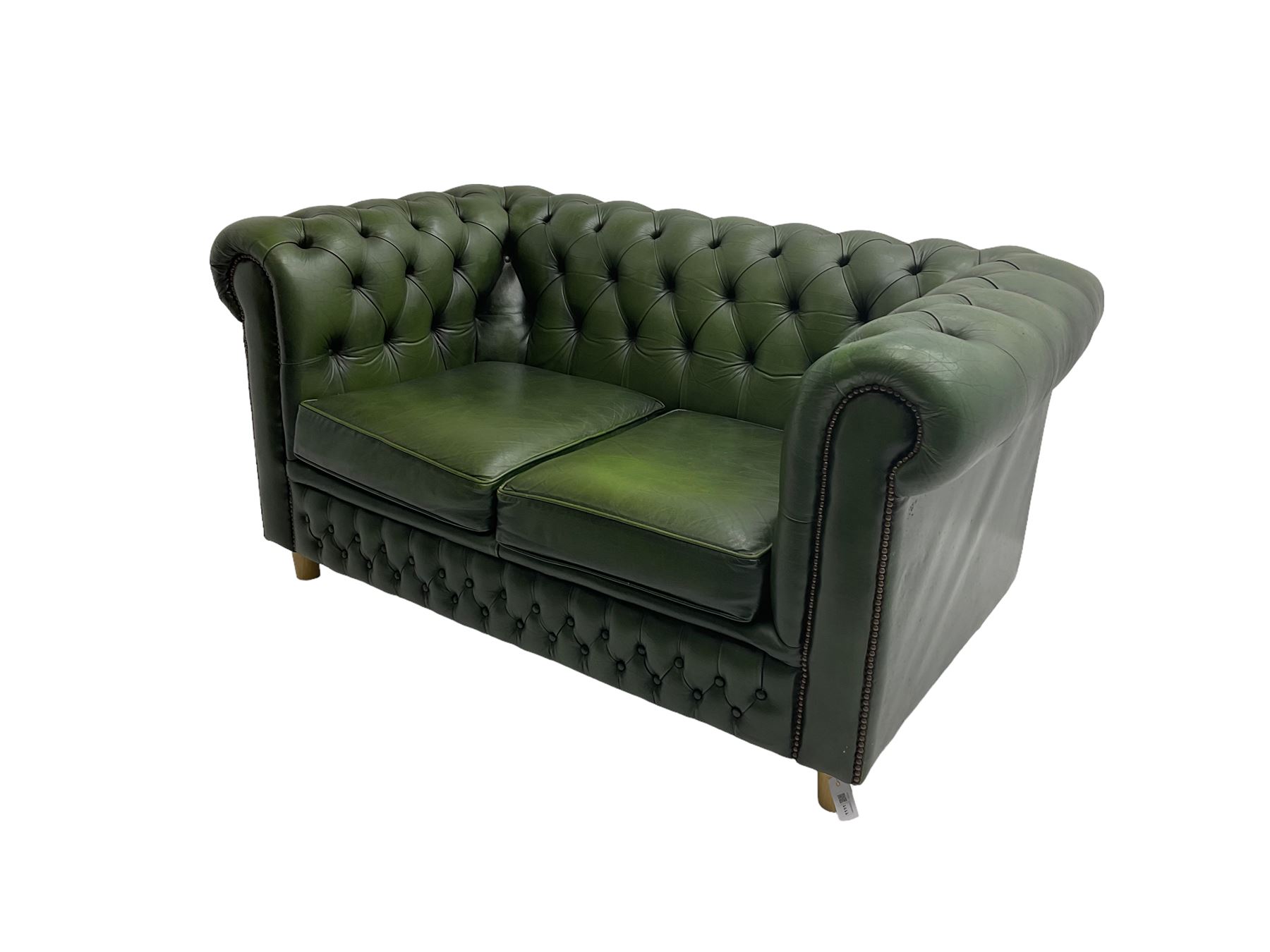 Chesterfield style two seat sofa upholstered in buttoned green leather with stud work - Image 2 of 5