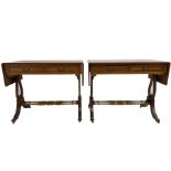 Pair yew wood drop leaf stretcher side or sofa tables