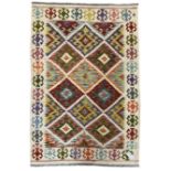 Chobi Kilim ivory and multi-colour rug decorated with stepped geometric lozenges and repeating borde