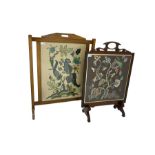 Mid-20th century oak fire screen with crewelwork panel with floral and animal designs (88cm x 69cm)