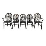 Late 20th century set five (3+2) beech Windsor armchairs