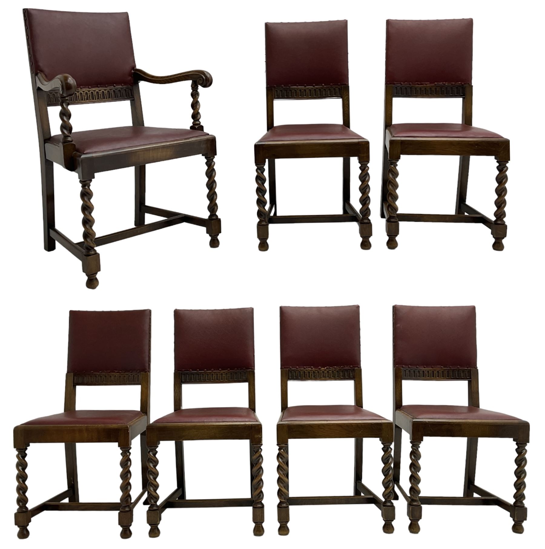 Mid-20th century set seven (6+1) oak barley twist dining chairs