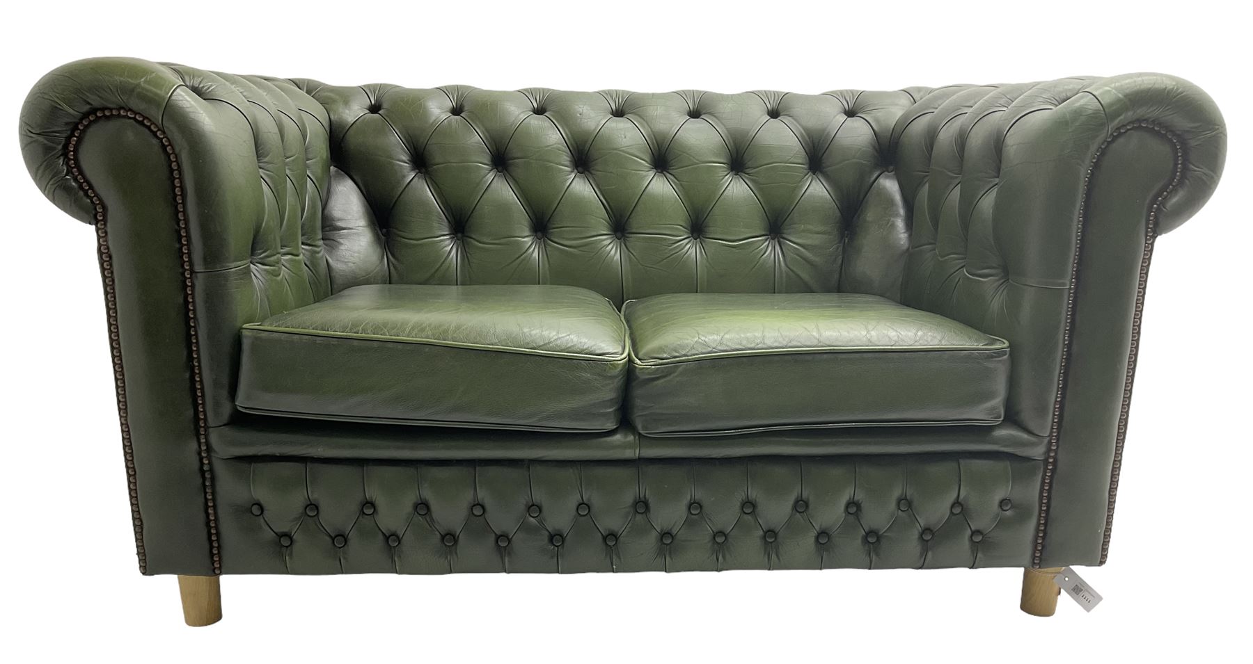 Chesterfield style two seat sofa upholstered in buttoned green leather with stud work - Image 5 of 5