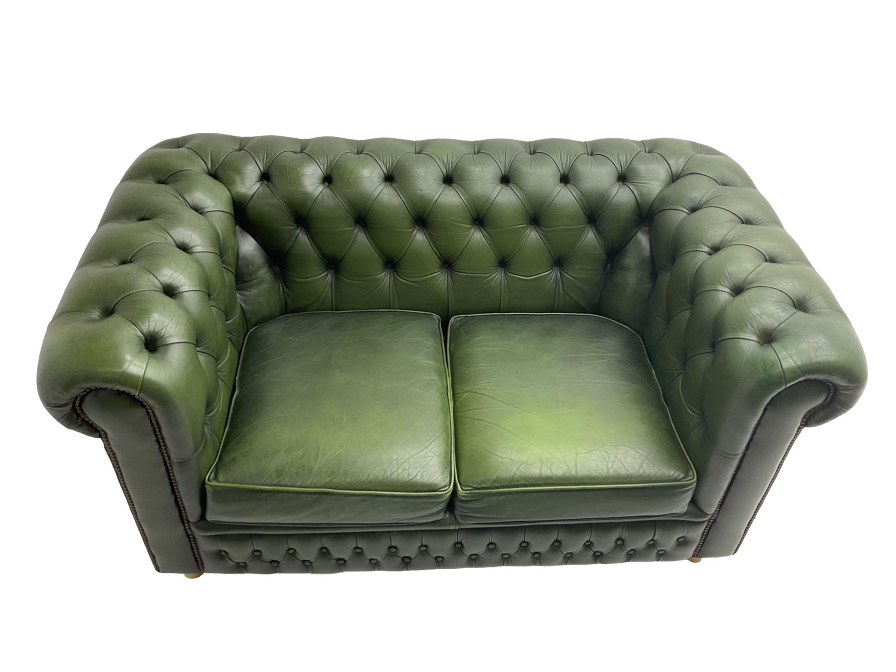Chesterfield style two seat sofa upholstered in buttoned green leather with stud work - Image 4 of 5