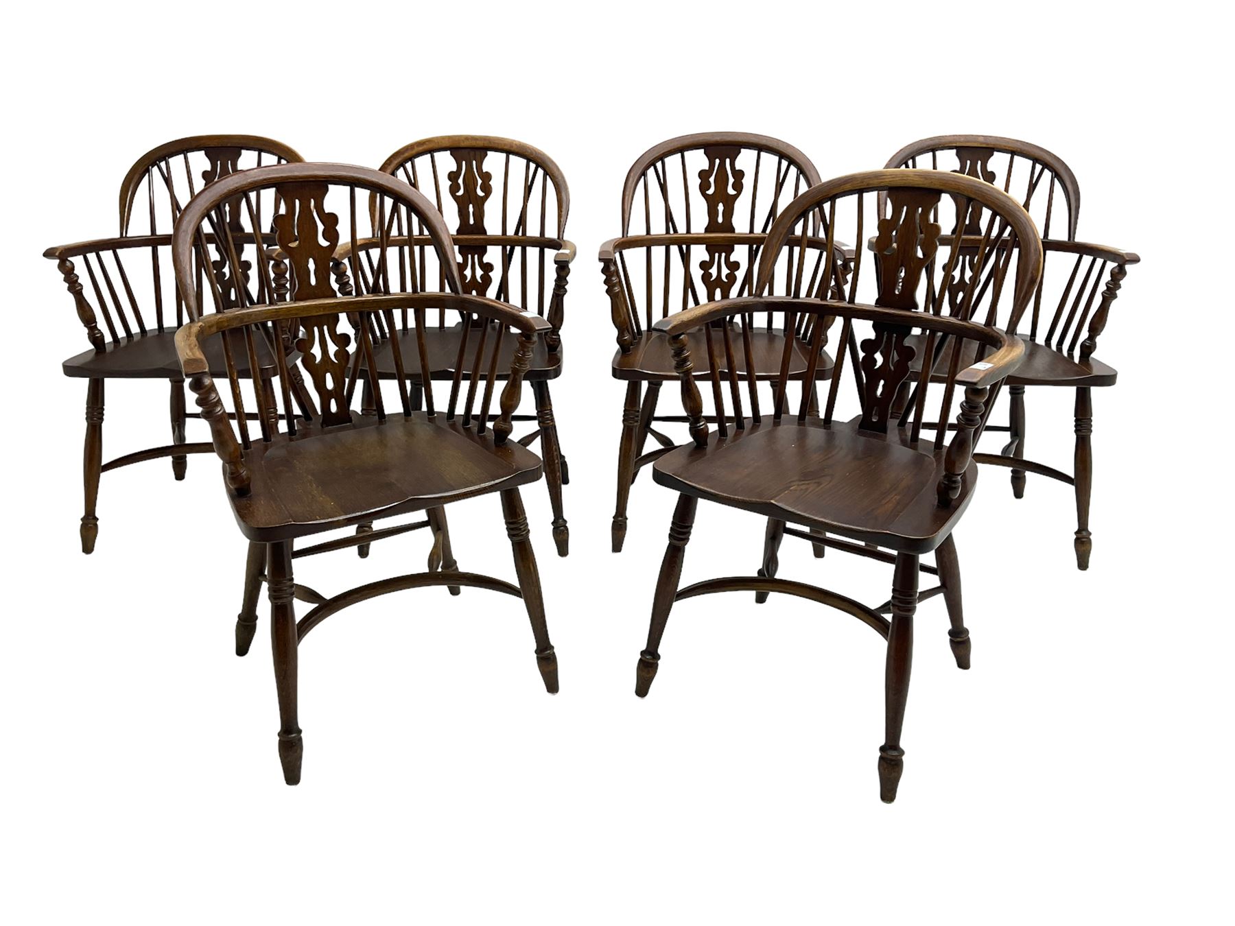 Late 20th century set six oak Windsor elbow chairs