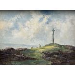 Lewis Creighton (British 1918-1996): Moorland Landscape with Sheep and Memorial