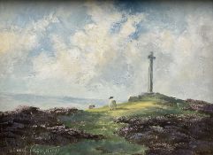 Lewis Creighton (British 1918-1996): Moorland Landscape with Sheep and Memorial