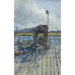 Gill Douglas (Northern British 1944-): 'The Hut on the Pier - Aultbea