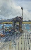 Gill Douglas (Northern British 1944-): 'The Hut on the Pier - Aultbea