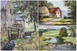 Ken Johnson (British 20th century): Mill Cottage and River Landscape