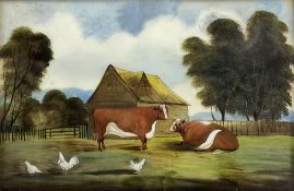 English Naive/Primitive School (Early 20th century): Chickens and Bull in Farmstead