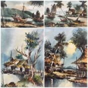 Indonesian School (20th century): River Landscape with Boats