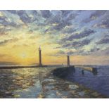 Chris Geall (British 1965-): Whitby Piers at Sunset