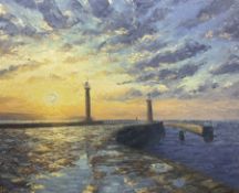 Chris Geall (British 1965-): Whitby Piers at Sunset