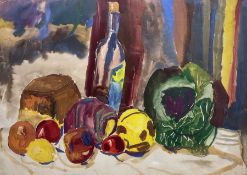 Sonia Naviasky (British 20th/21st century): Still Life of Vegetables and Wine