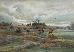 English School (20th century): Horses Grazing in Moorland Landscape