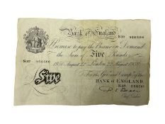 Bank of England Beale August 22nd 1950 white five pound note 'S37'