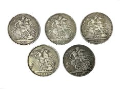 Five Queen Victoria crown coins