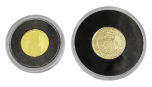 Two miniature gold coins comprising Queen Elizabeth II Alderney 2005 one pound fine gold approximate