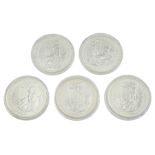 Five Queen Elizabeth II United Kingdom one ounce fine silver Britannia two pound coins