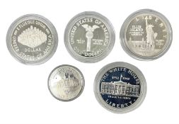 Five United States of America commemorative silver proof coins