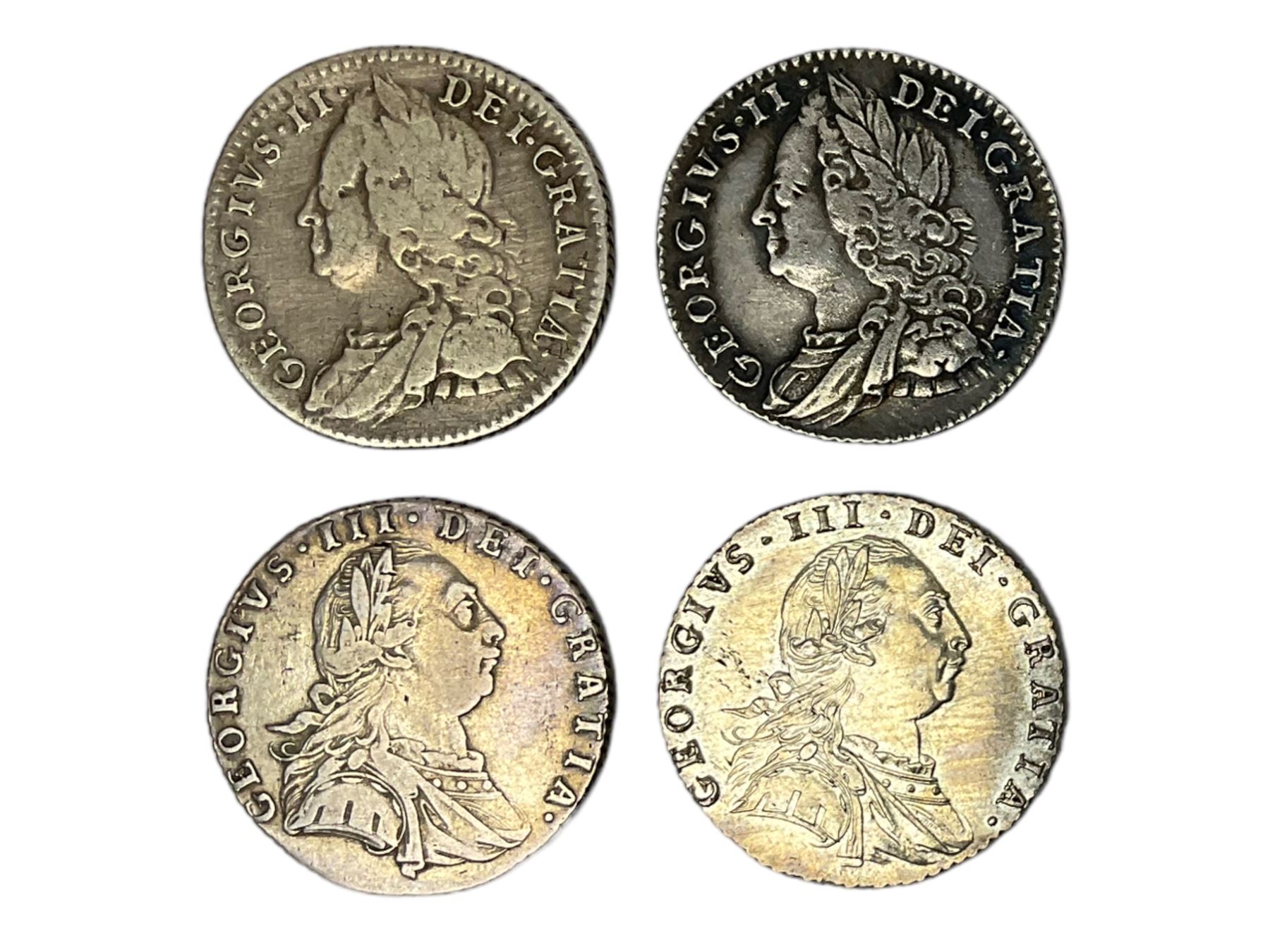 Two George II 1758 silver sixpence coins and two George III 1787 silver sixpences (4)