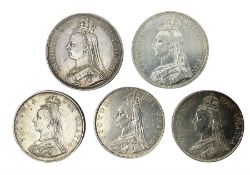Two Queen Victoria 1887 crown coins and three 1887 double florin coins (5)