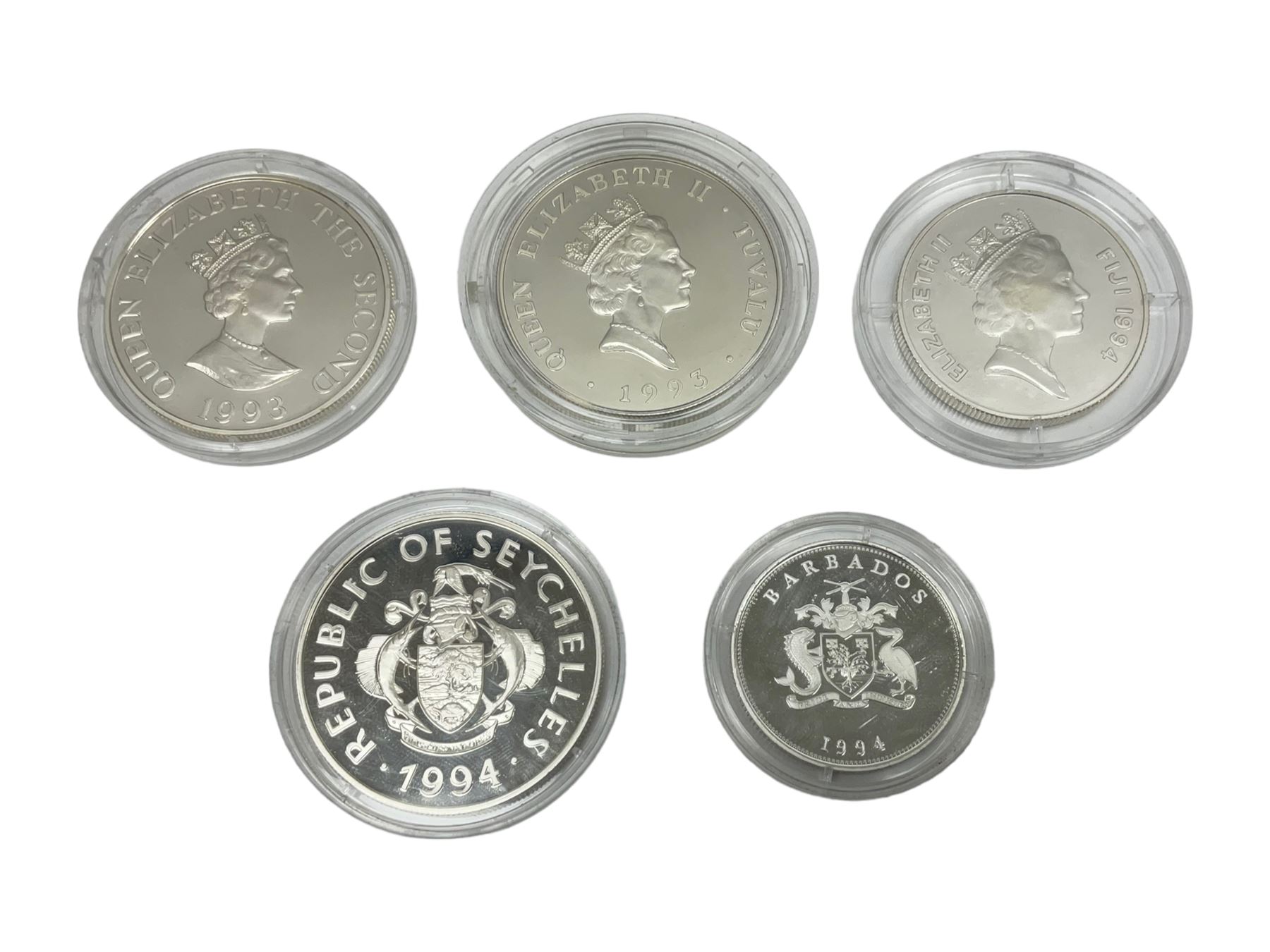 Three 1994 'Lady of the Century' commemorative silver coins comprising Fiji silver proof five dollar