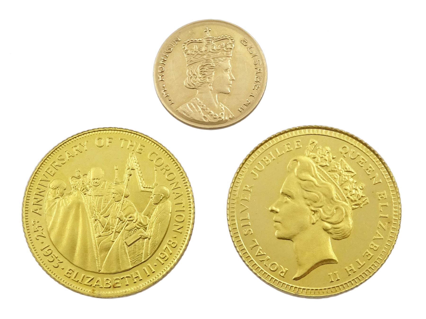 Two 9ct gold QEII medallions 'Anniversary of the Coronation' and 'Silver Jubilee' and a small 'Aurum