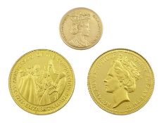 Two 9ct gold QEII medallions 'Anniversary of the Coronation' and 'Silver Jubilee' and a small 'Aurum