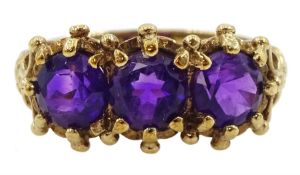 9ct gold three stone amethyst ring with scroll design gallery