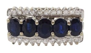 14ct white gold five stone oval sapphire ring with a row of diamonds set either side