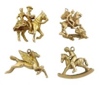 Four 9ct gold pendant/charms including Pegasus