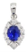 18ct white gold oval Ceylon sapphire and round brilliant cut diamond pendant