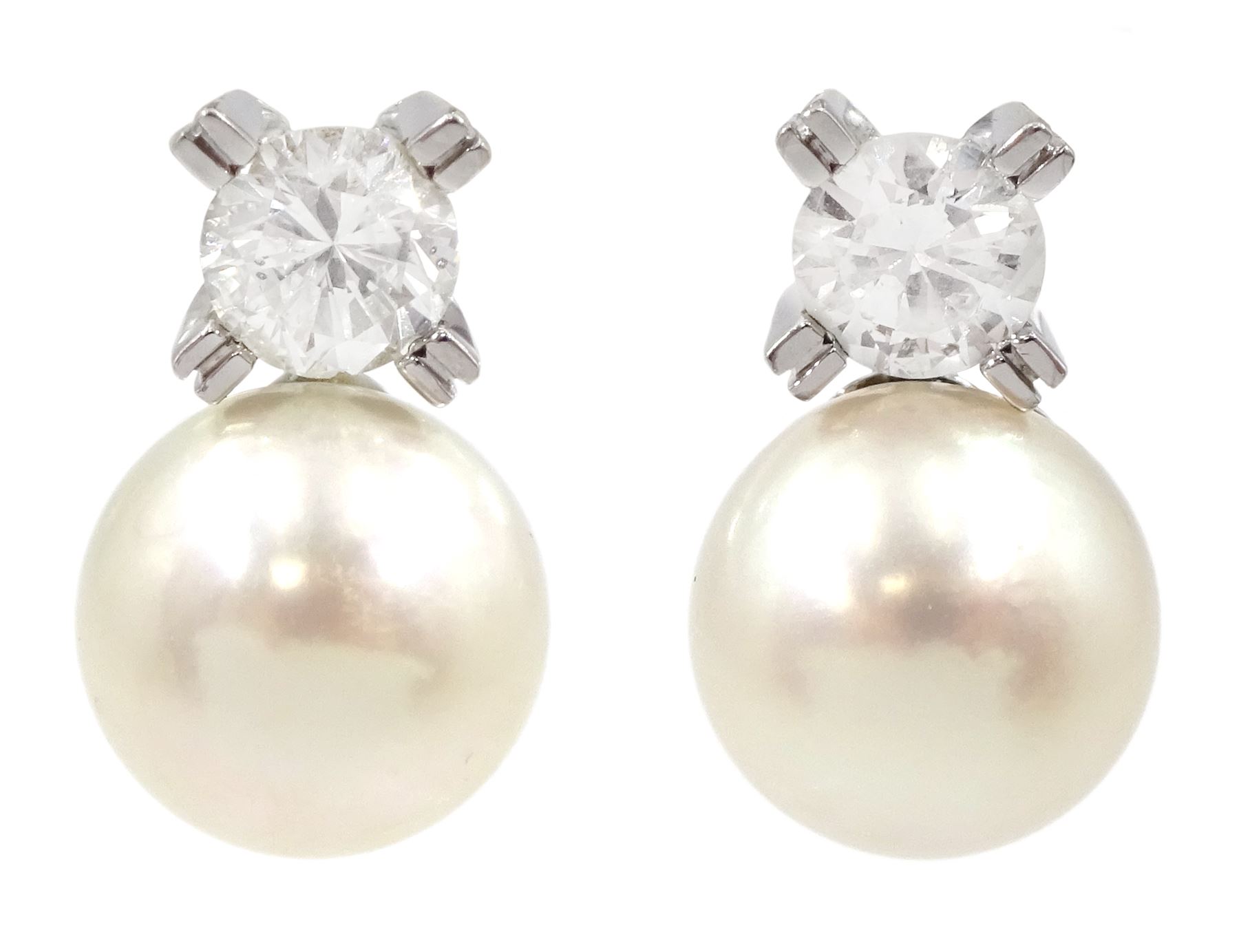 Pair of 18ct white gold round brilliant cut diamond and cultured pearl stud earrings