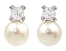 Pair of 18ct white gold round brilliant cut diamond and cultured pearl stud earrings