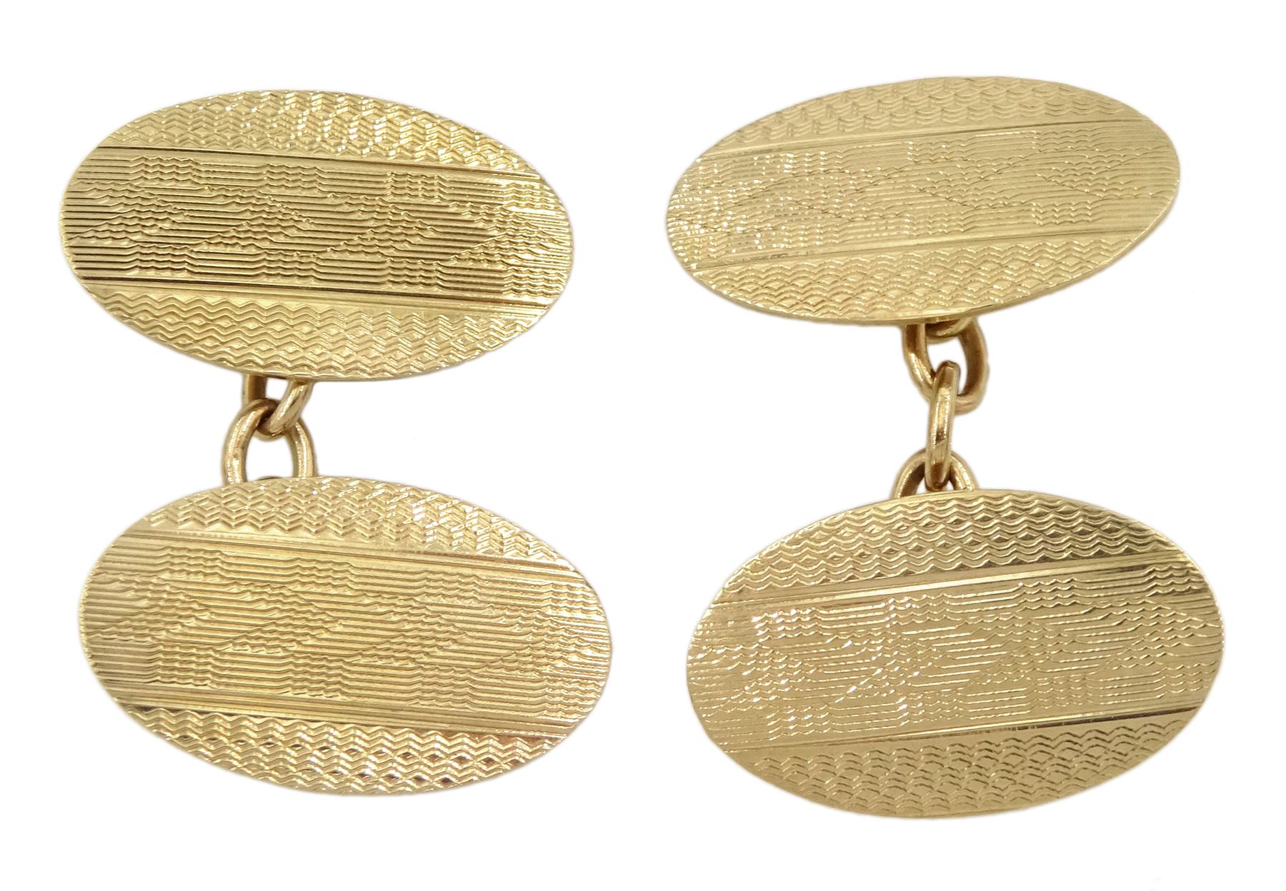Pair of early 20th century 9ct gold cufflinks with engine turned chevron decoration by Henry Griffit