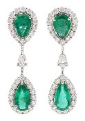 Pair of 18ct white gold pear shaped emerald and round brilliant cut diamond pendant stud earrings