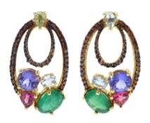 Pair of 9ct gold orange diamond and gemstone set pendant stud earrings