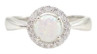 Silver opal and cubic zirconia halo cluster ring