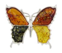 Silver tri-colour Baltic amber butterfly brooch