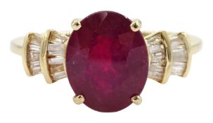 9ct gold oval ruby and baguette cut diamond ring