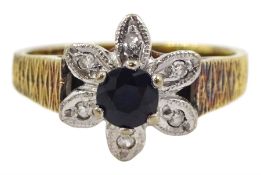 18ct gold milgrain set sapphire and diamond flower head cluster ring