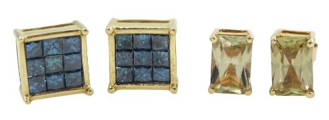 Pair of gold blue diamond square cluster stud earrings and a pair of gold prasiolite stud earrings