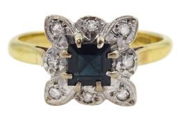 18ct gold princess cut sapphire and round brilliant cut diamond cluster ring